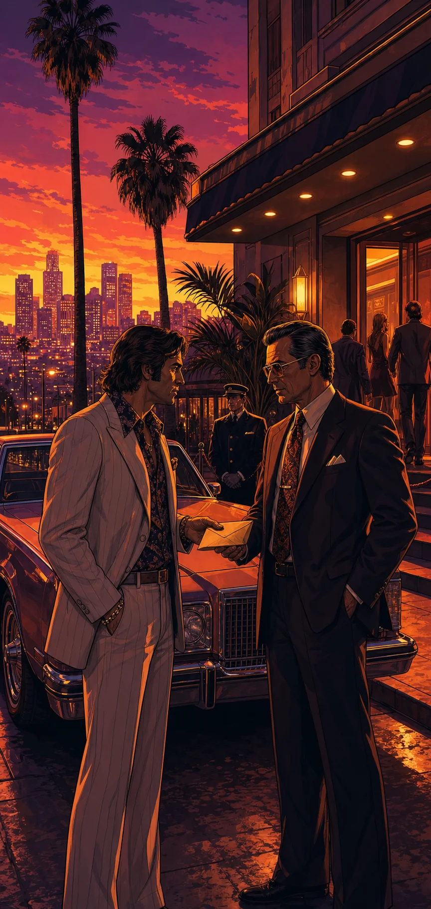 Deux hommes d'affaires devant un hôtel de Los Santos en 1974