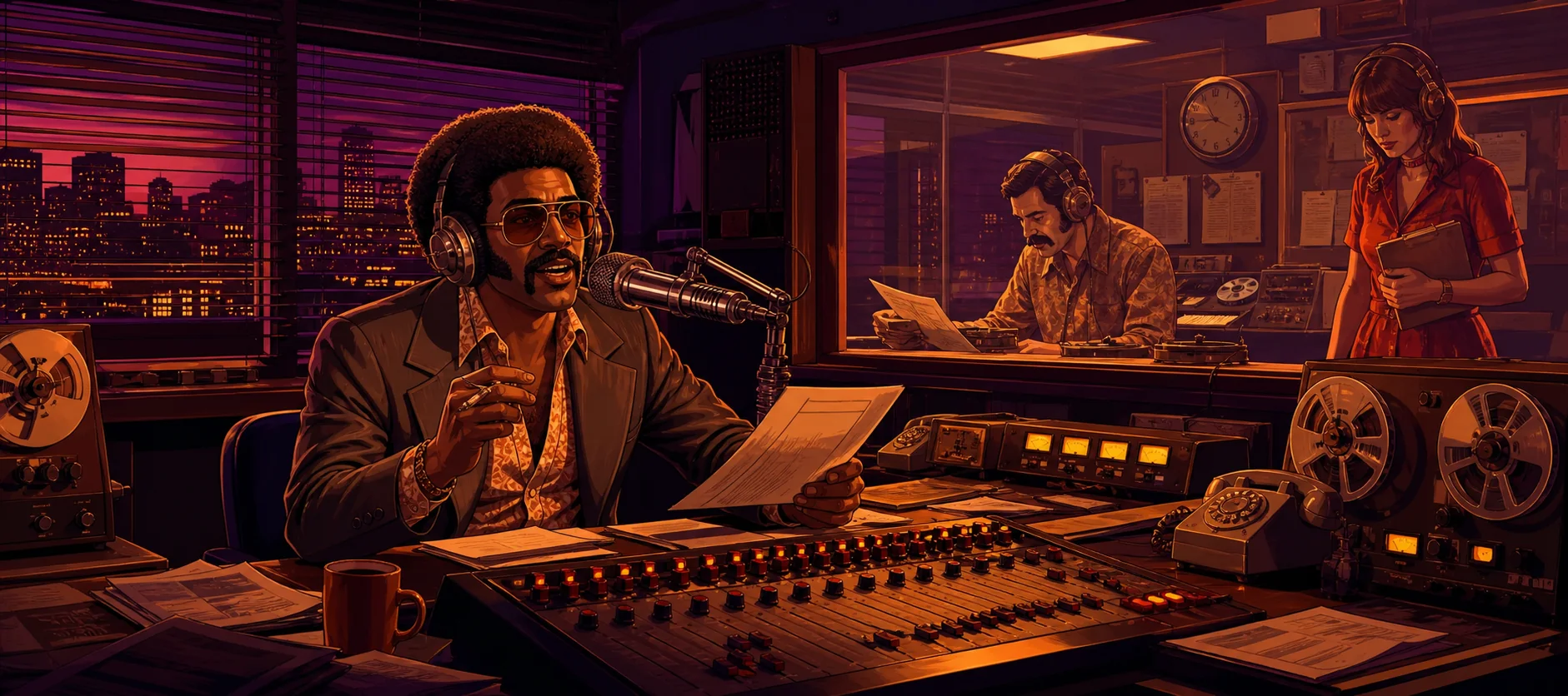 Studio de radio de Los Santos en 1974 pendant une émission du soir