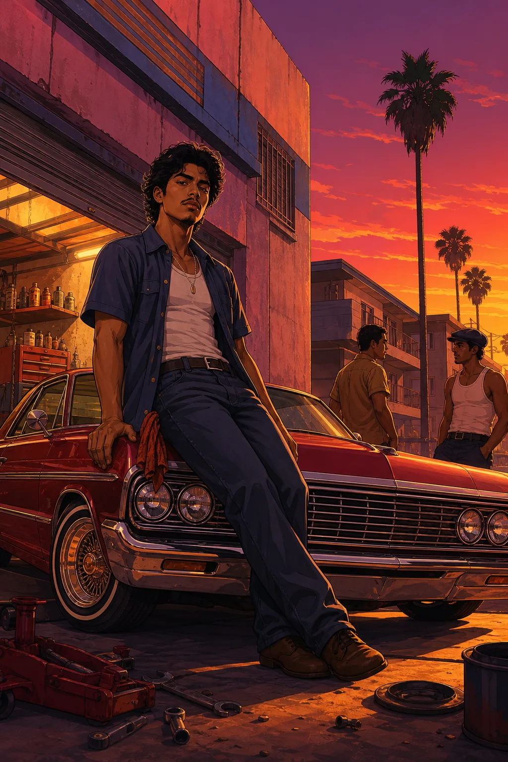 Mécanicien et lowrider dans un quartier de Los Santos en 1974